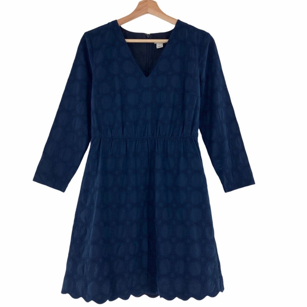 J. Crew Navy Eyelet V-Neck Long Sleeve A-Line Dress